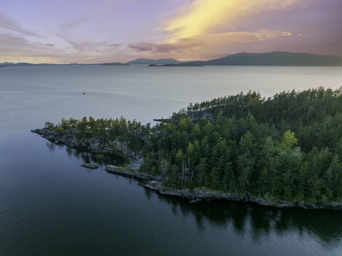 Aerial view of San Juan Islands at sunset